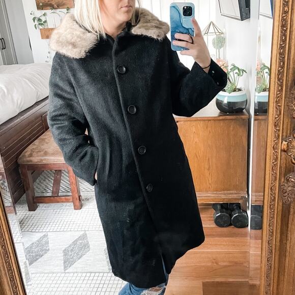 AlpagoraVintage 1950 60s Wool Mohair Dress Coat MINK Fur Collar Black Peacoat